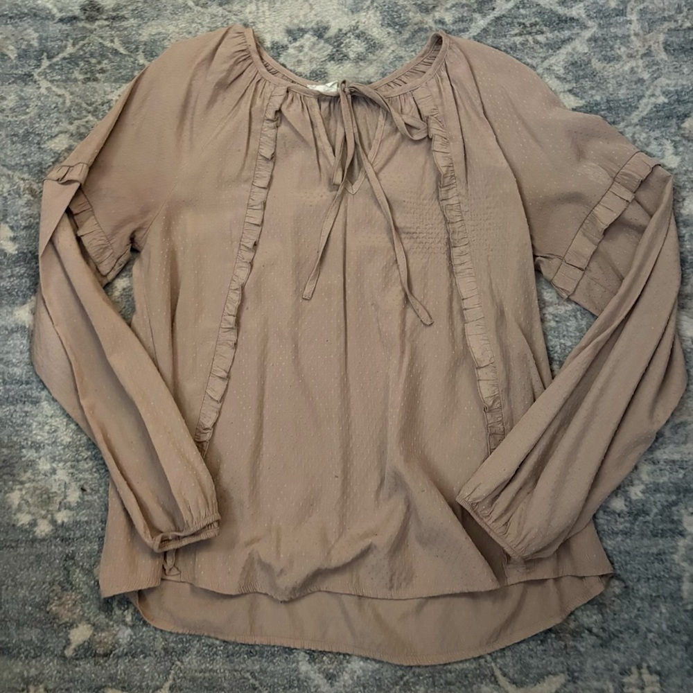 Mine Women's Taupe Blouse with Ruffle Accents